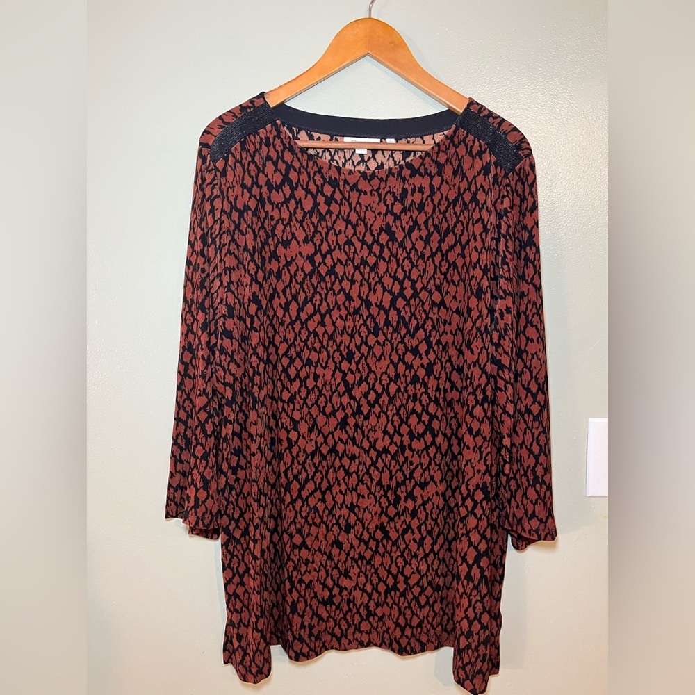 Chicos Travelers Women's Black and Brown Animal Print  Top Boat Neck XXL